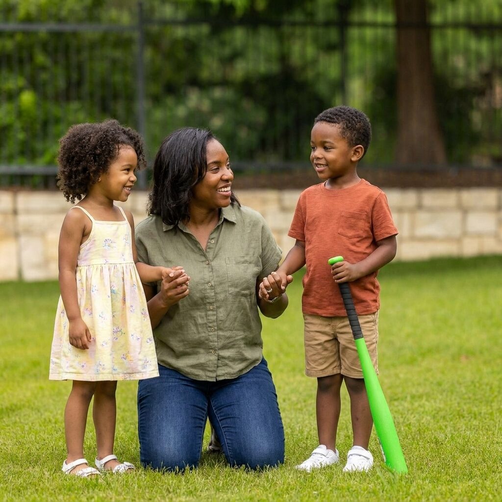 family smiling on green lawn