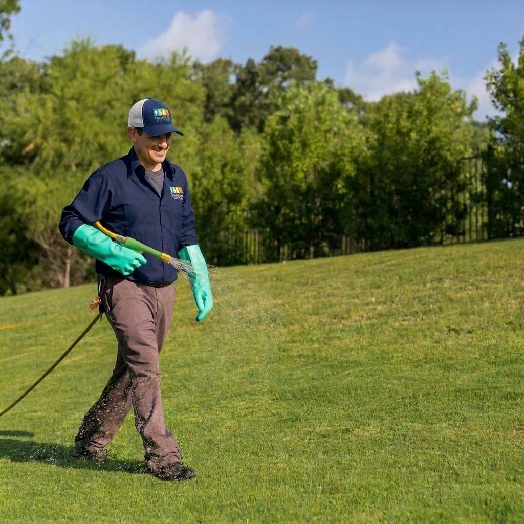 lawn care technician spraying