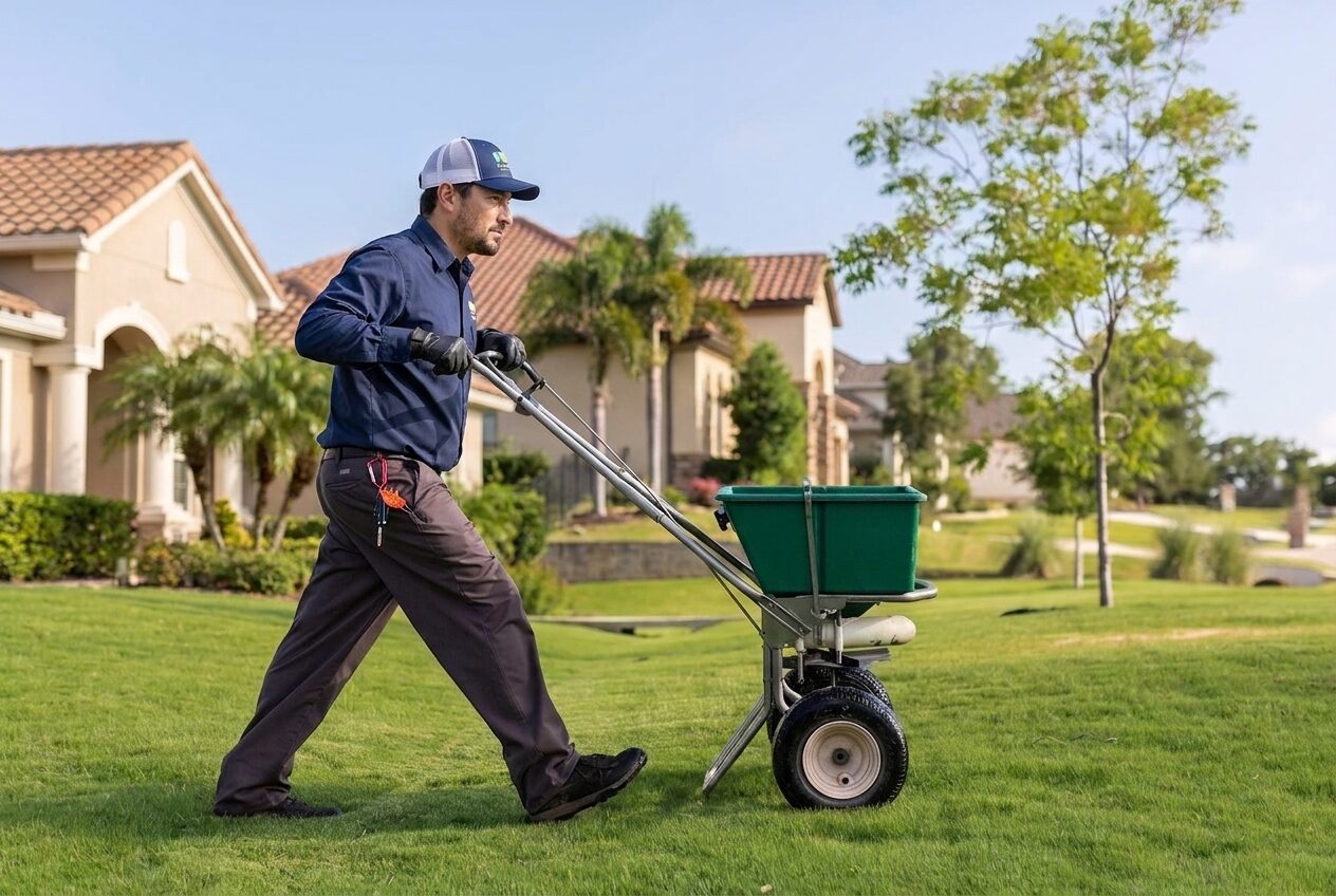 lawn care technician spreading granular lawn treatment