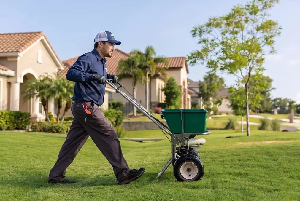 lawn care technician spreading granular lawn treatment