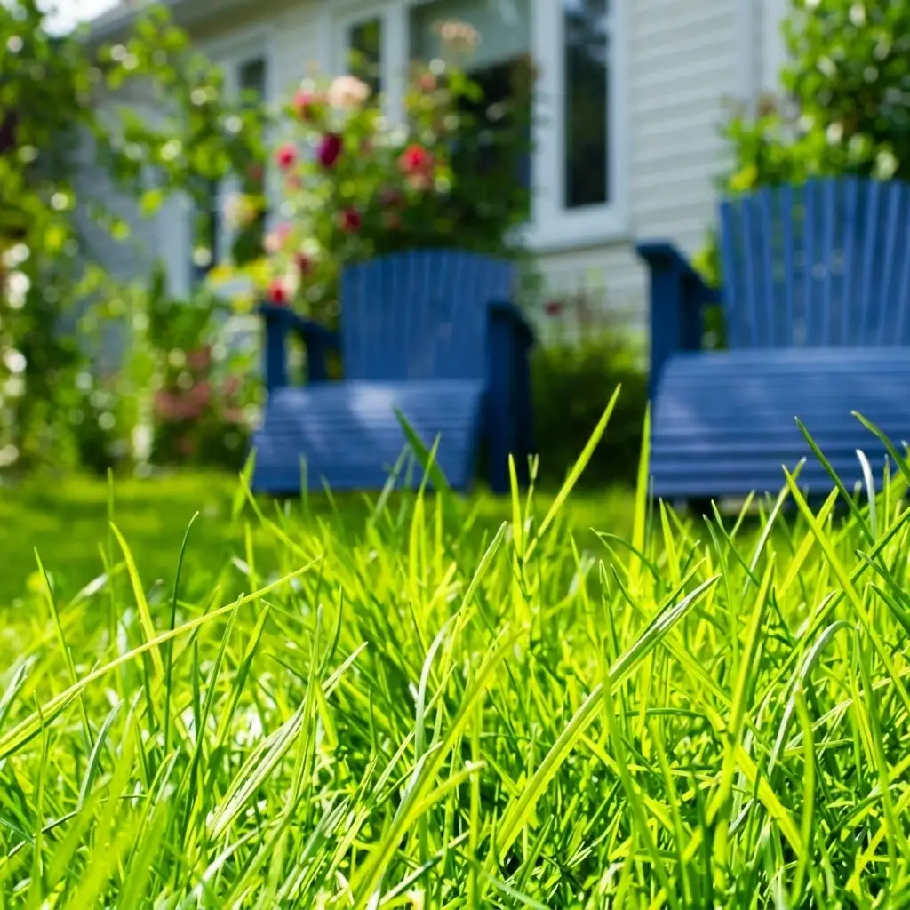 Blue chairs set up in a healthy Tampa St. Augustine lawn
